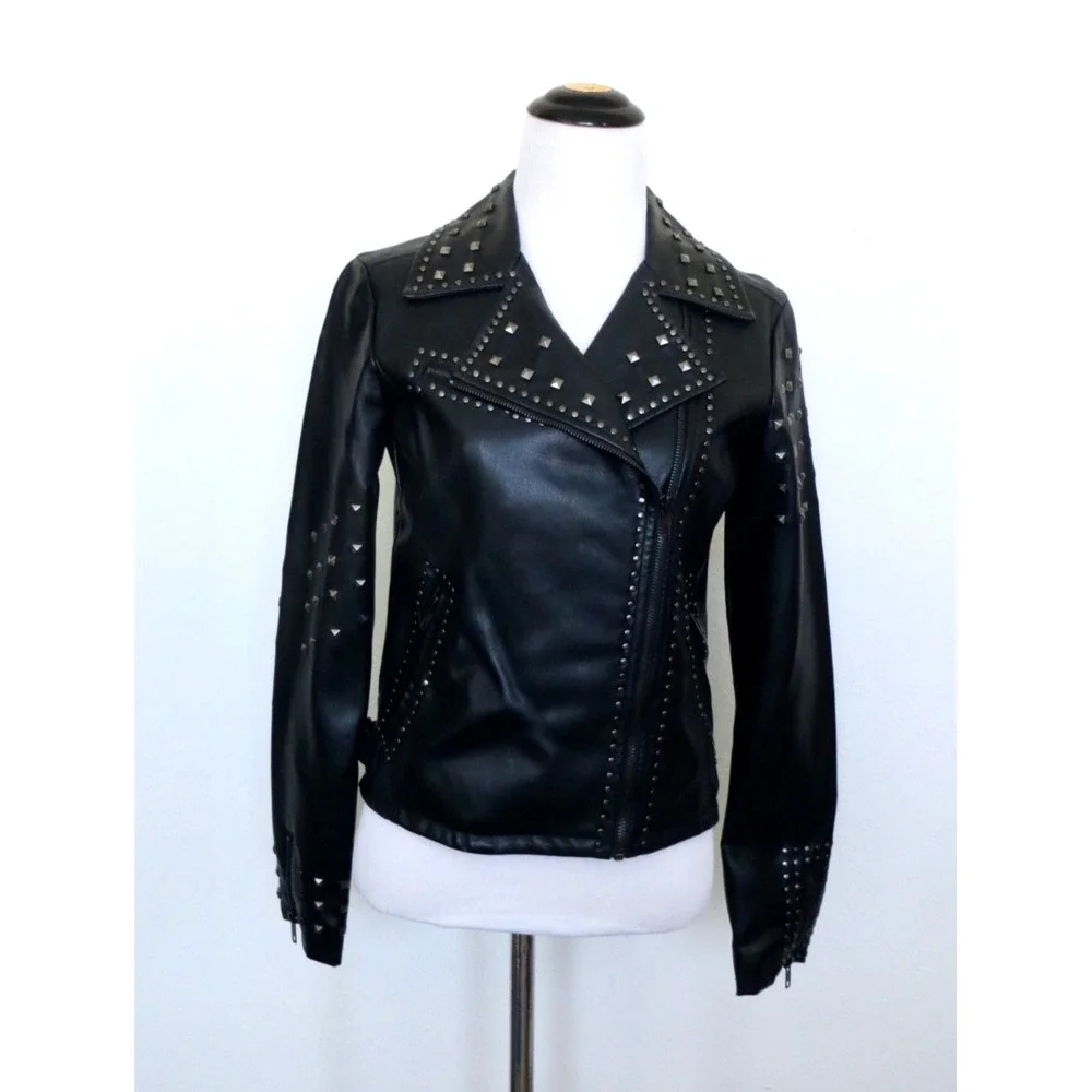 Silence + Noise Irina Studded Embroidered Faux Leather Jacket Black SZ XS - Picture 9 of 13